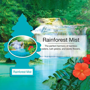 Product packaging for 'Rainforest Mist' with a scenic background of a waterfall and lush greenery.