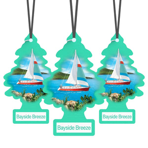 Three Bayside Breeze Little Trees air fresheners with sailboat and coastal scene hanging by black strings