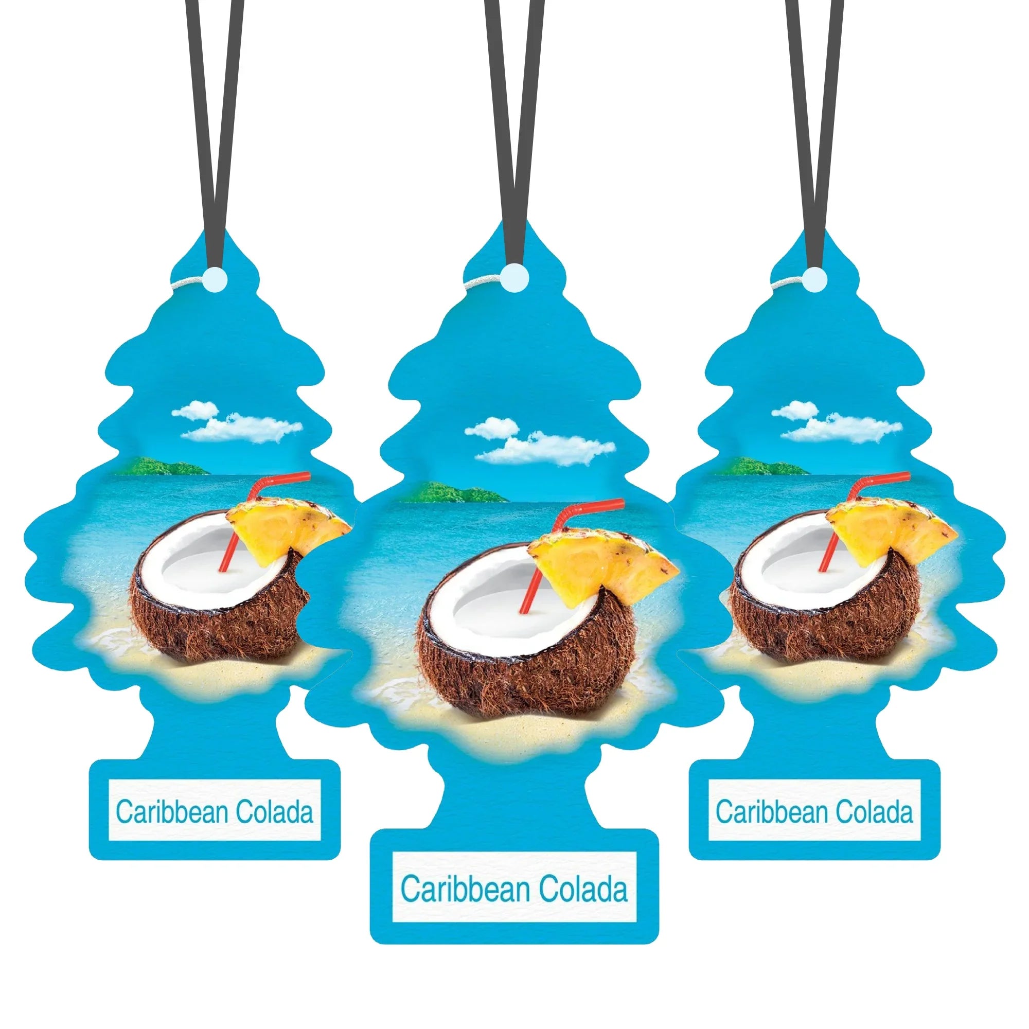 Three Caribbean Colada scented tree-shaped car air fresheners with tropical coconut drink design