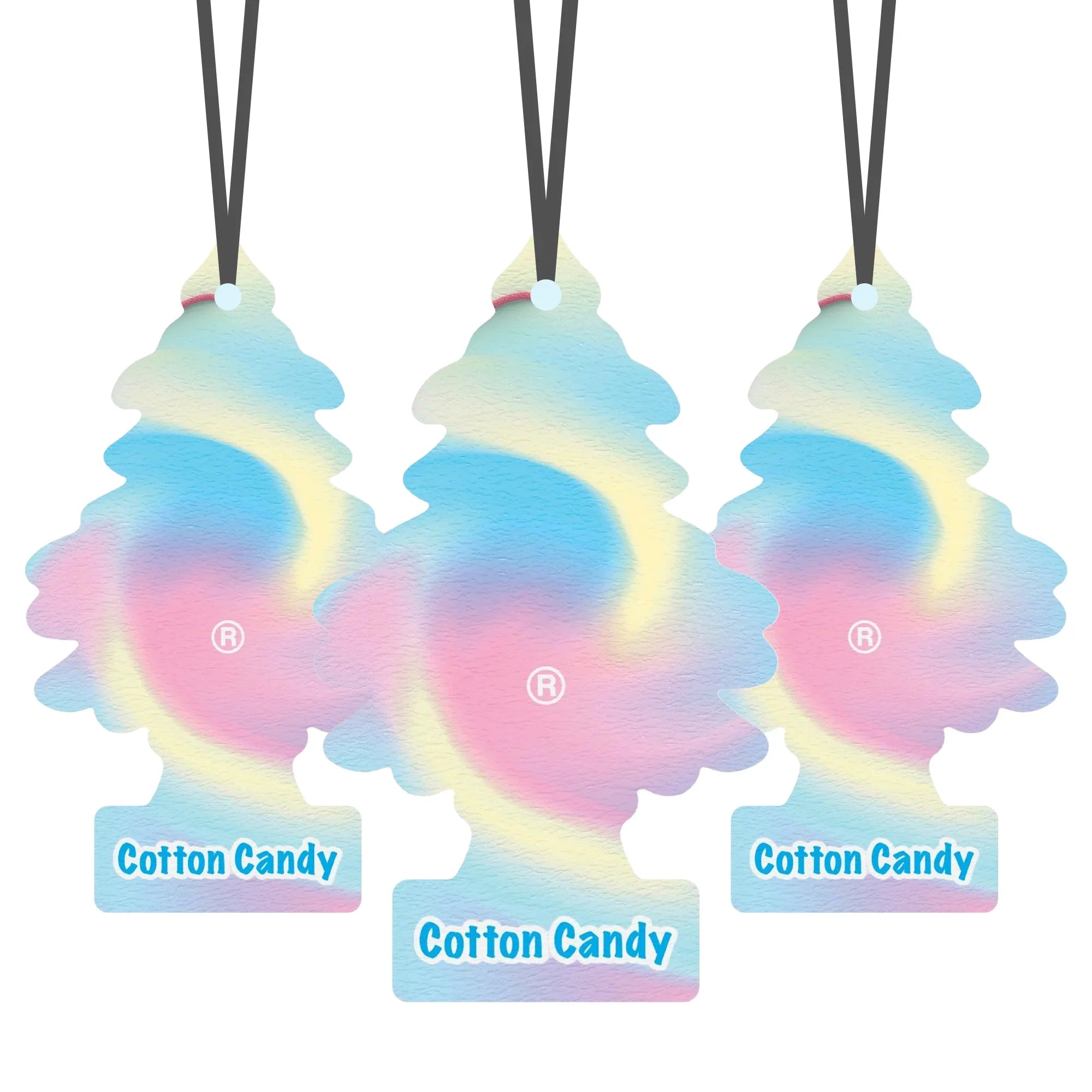 Three Cotton Candy scented Little Trees car air fresheners with pastel blue, pink, and yellow swirls