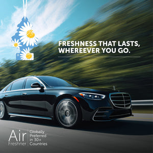 Little Trees Daisy Fields car air freshener hanging inside luxury black sedan driving on highway