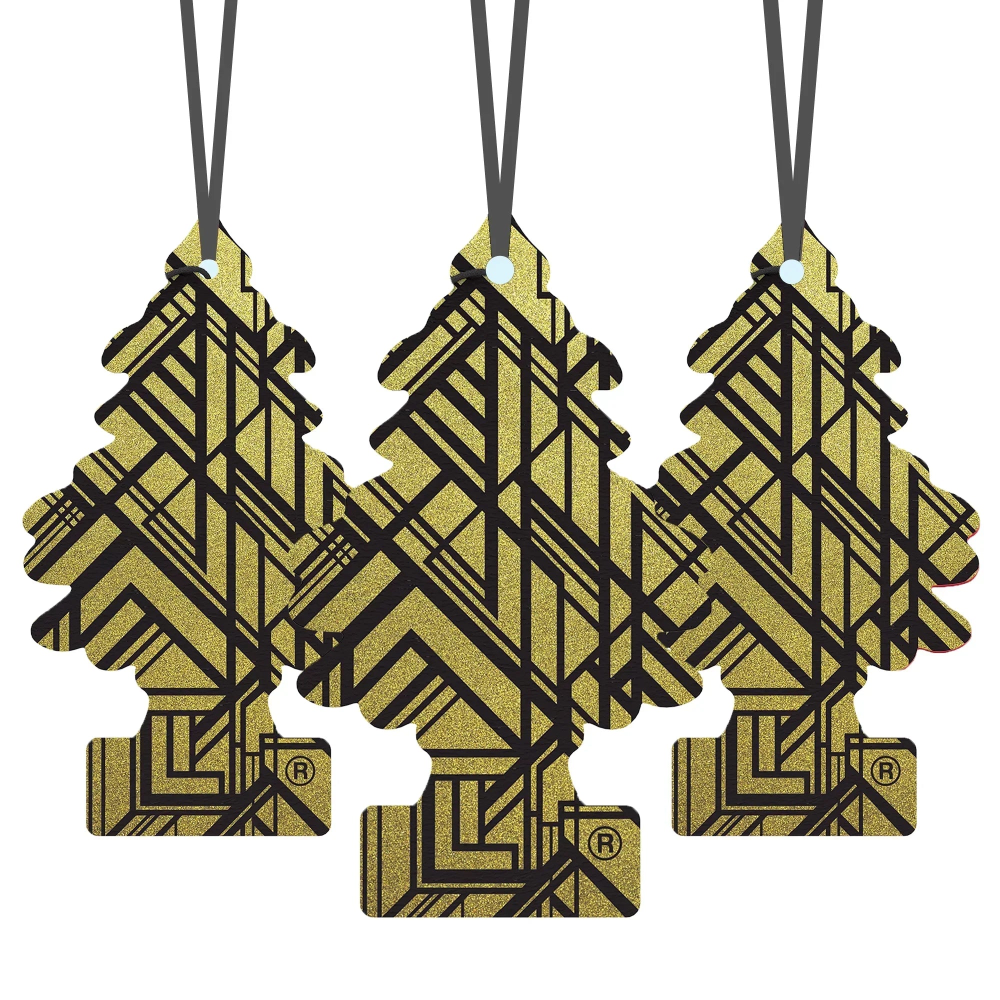 Three gold Little Trees car fresheners with black geometric design, hanging on black strings.