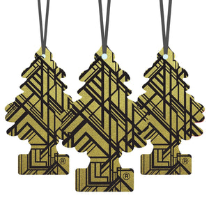 Three gold Little Trees car fresheners with black geometric design, hanging on black strings.