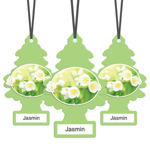 Three green tree-shaped Jasmin scented air fresheners with white jasmine flower images hanging on black strings