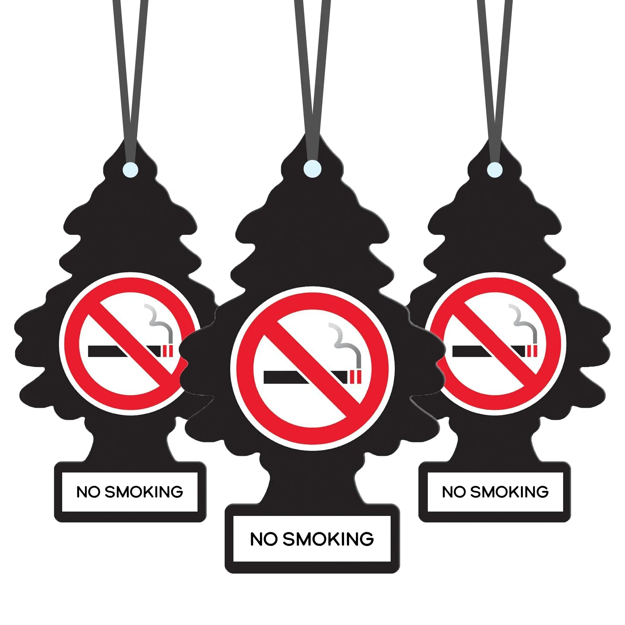 Three black tree-shaped hanging air fresheners with red no smoking symbol and text