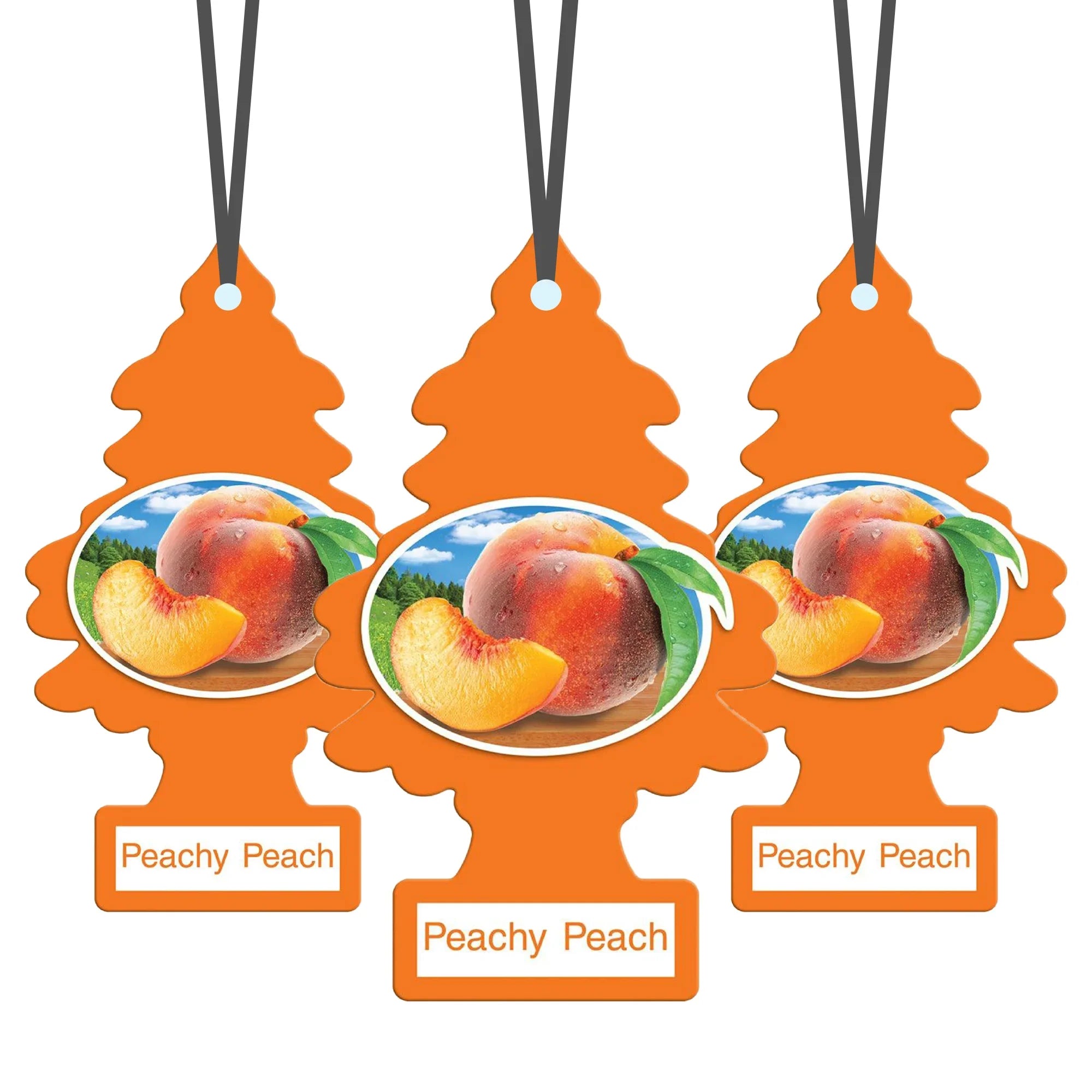 Three orange Little Trees Peachy Peach car air fresheners with peach image and hanging strings