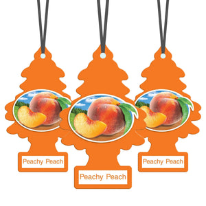 Three orange Little Trees Peachy Peach car air fresheners with peach image and hanging strings
