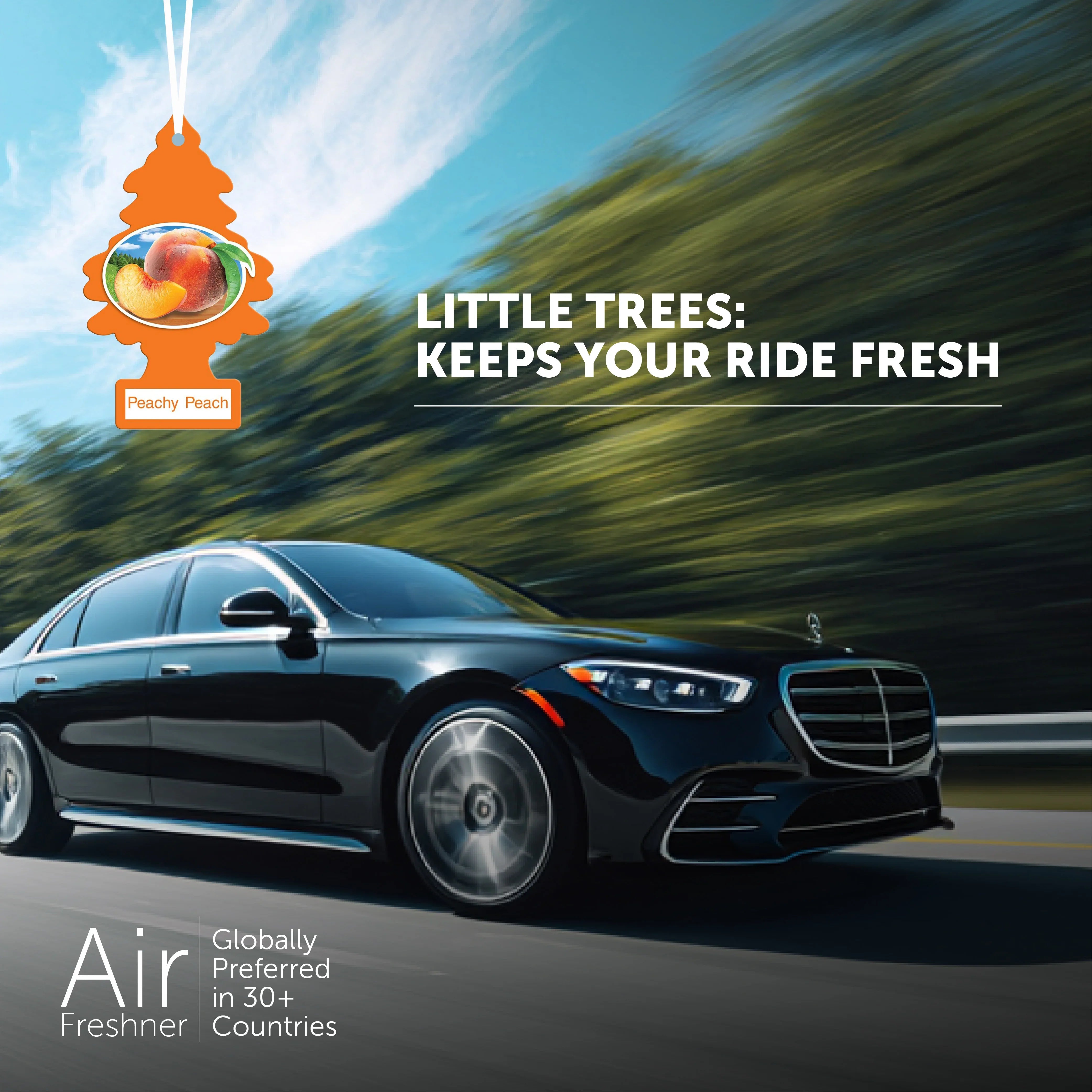 Little Trees Peachy Peach car air freshener hanging with black luxury car driving on road with blurred trees background