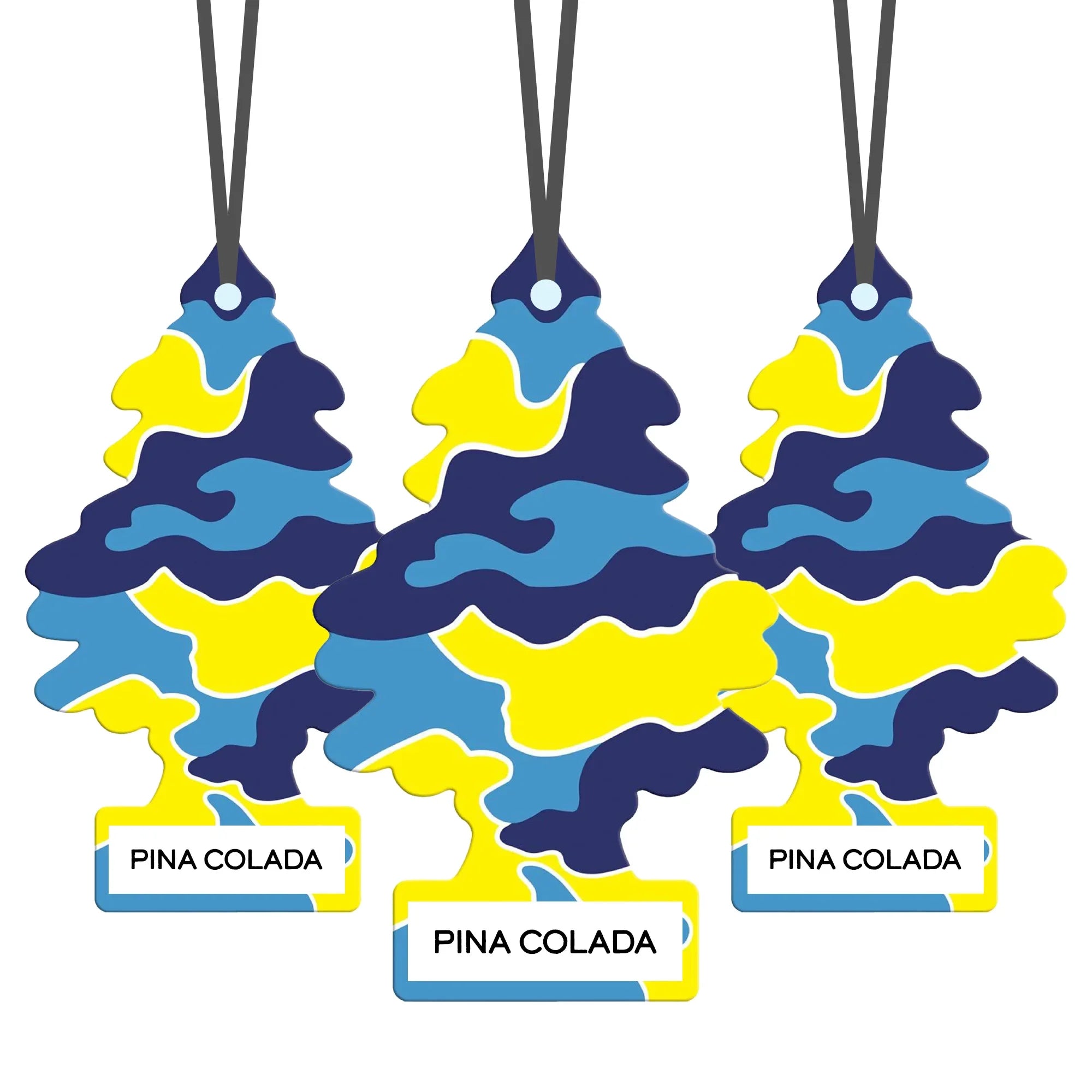 Three colorful Little Trees air fresheners in blue, yellow, and navy with Pina Colada scent hanging