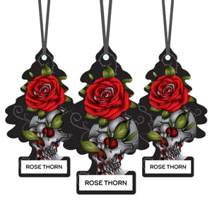 Rose Thorn scented air fresheners featuring red rose and skull design, hanging with black string