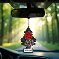 Rose Thorn scented car air freshener shaped like a tree with red rose and skull design hanging from rearview mirror