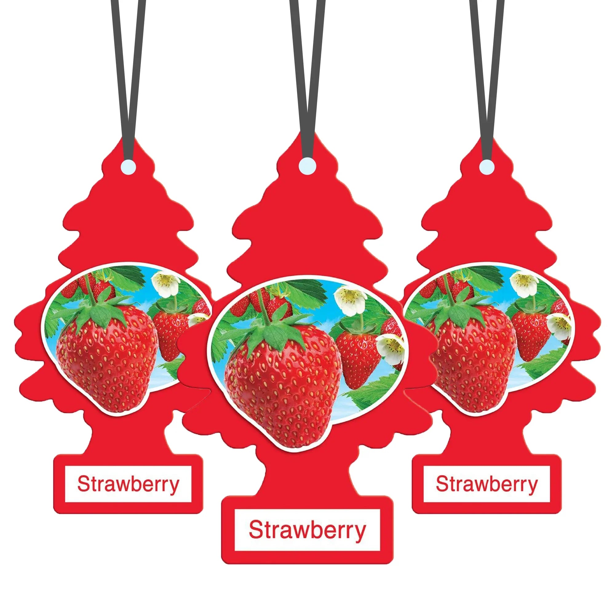 Three red Little Trees Strawberry scented air fresheners with strawberry fruit images and black hanging strings