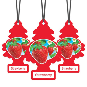Three red Little Trees Strawberry scented air fresheners with strawberry fruit images and black hanging strings