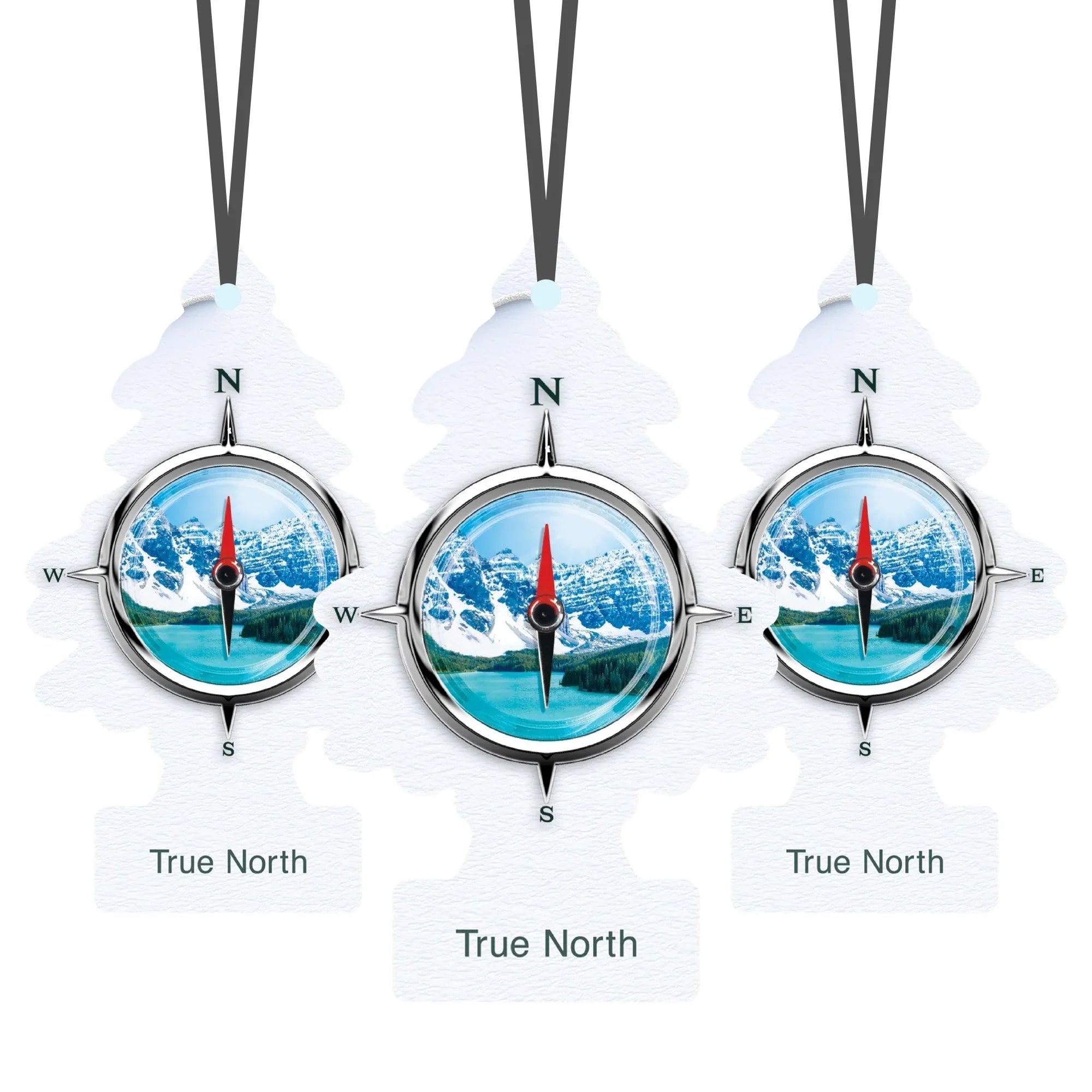 True North scented air fresheners shaped like pine trees with compass design and mountain lake image