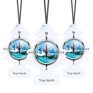 True North scented air fresheners shaped like pine trees with compass design and mountain lake image