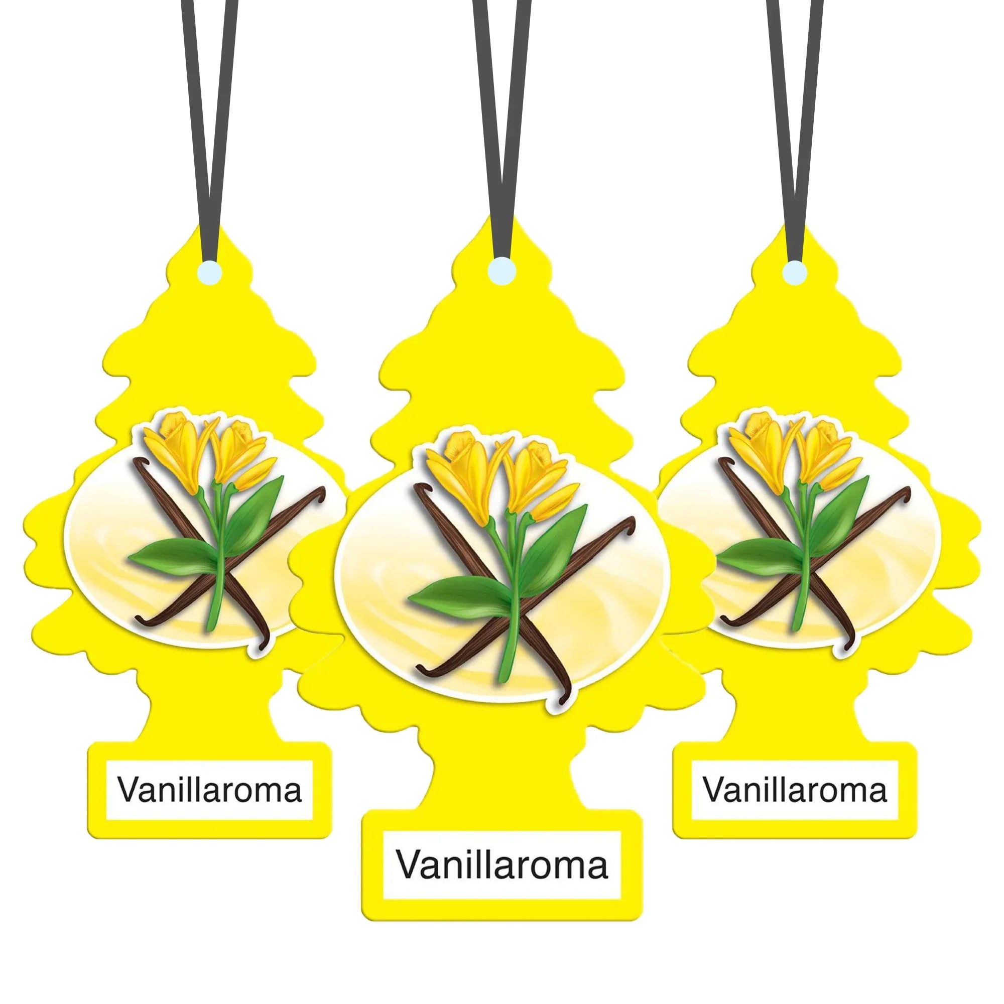 Three yellow Little Trees Vanillaroma hanging car air fresheners featuring vanilla flower and pods illustration