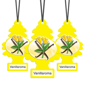 Three yellow Little Trees Vanillaroma hanging car air fresheners featuring vanilla flower and pods illustration