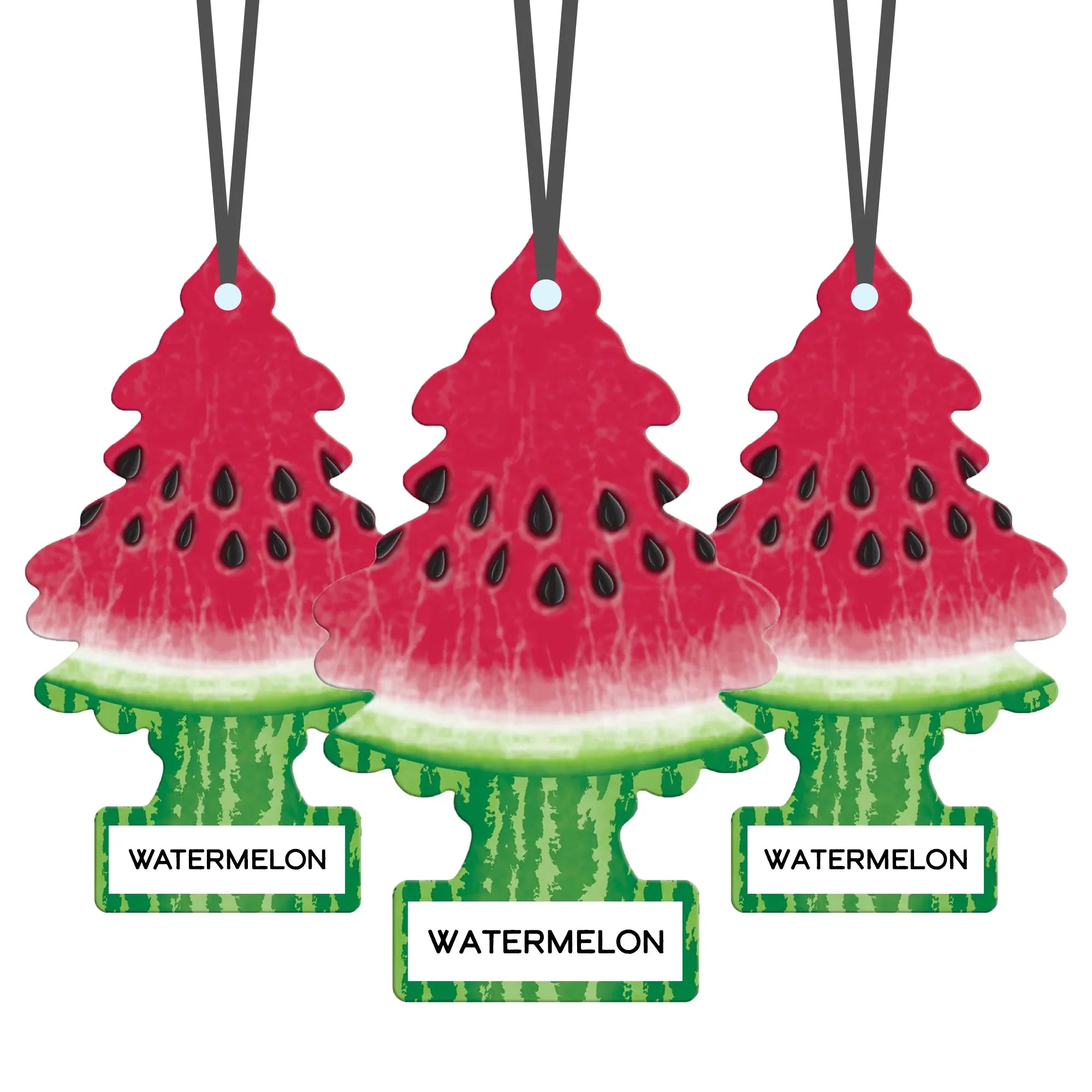 Three Little Trees watermelon scented car air fresheners with red, white, and green colors and black seed details