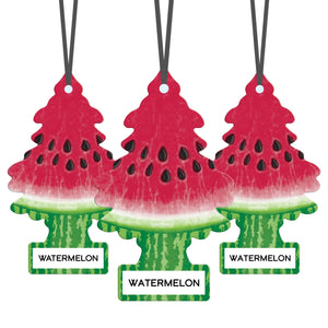 Three Little Trees watermelon scented car air fresheners with red, white, and green colors and black seed details