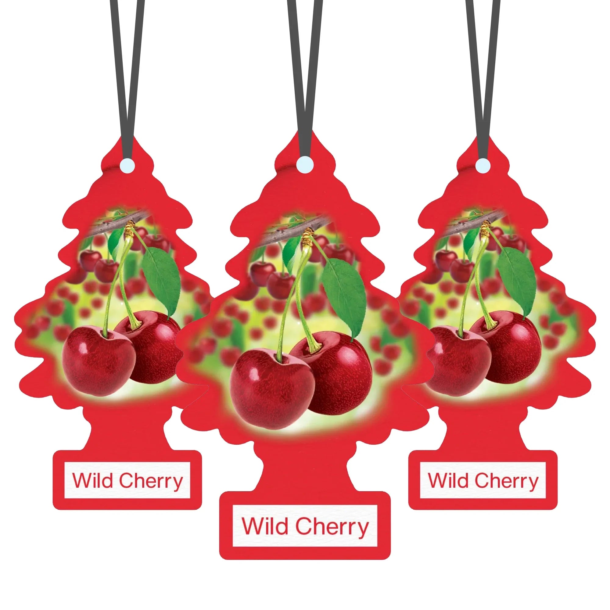 Wild Cherry Little Trees hanging car air fresheners with red tree shape and cherry fruit illustration