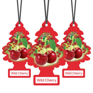 Wild Cherry Little Trees hanging car air fresheners with red tree shape and cherry fruit illustration