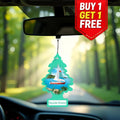 Car air freshener with sailboat design hanging from a car's rearview mirror with a 'Buy 1 Get 1 Free' offer.