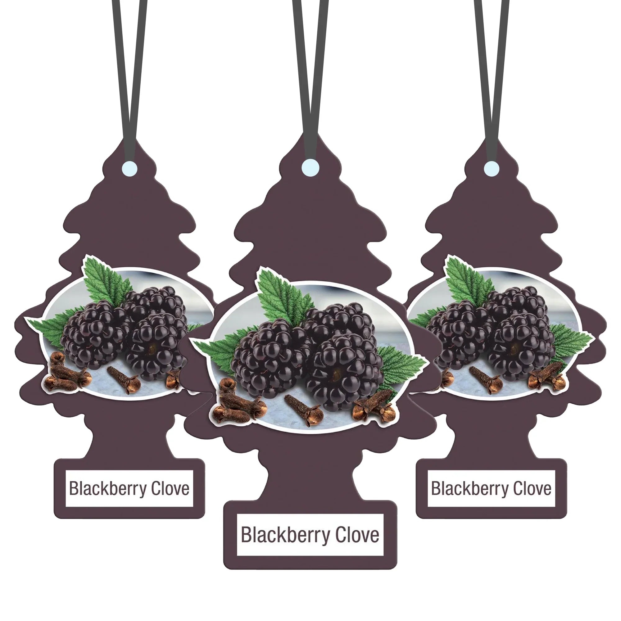 Three hanging car air fresheners shaped like pine trees with blackberry and clove design, labeled Blackberry Clove