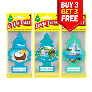 Little Trees air fresheners: Caribbean Colada, Rainforest Mist, Bayside Breeze scents with buy 3 get 3 free offer