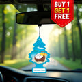 Car air freshener hanging from a car's rearview mirror with a 'Buy 1 Get 1 Free' offer in a forest setting.