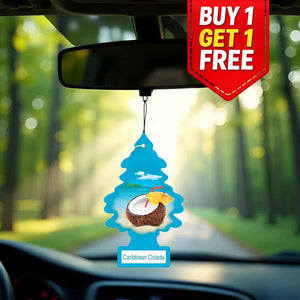 Car air freshener hanging from a car's rearview mirror with a 'Buy 1 Get 1 Free' offer in a forest setting.