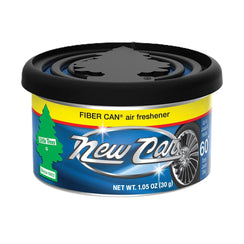 Little Trees New Car scent fiber can air freshener with black lid and car wheel graphic