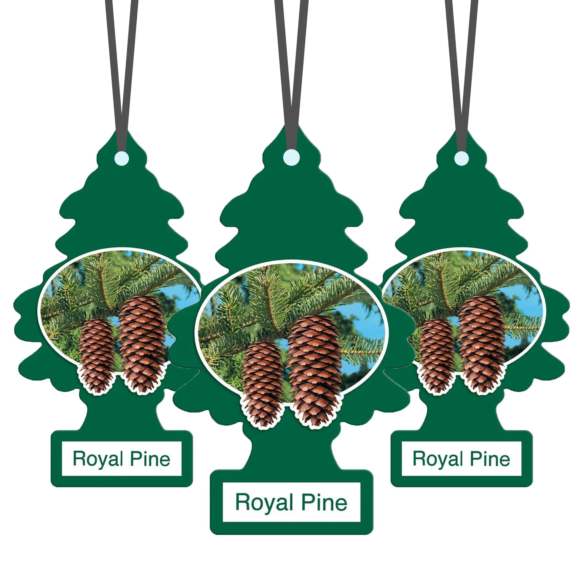 Three green tree-shaped Royal Pine car air fresheners with pine cones image and black hanging strings