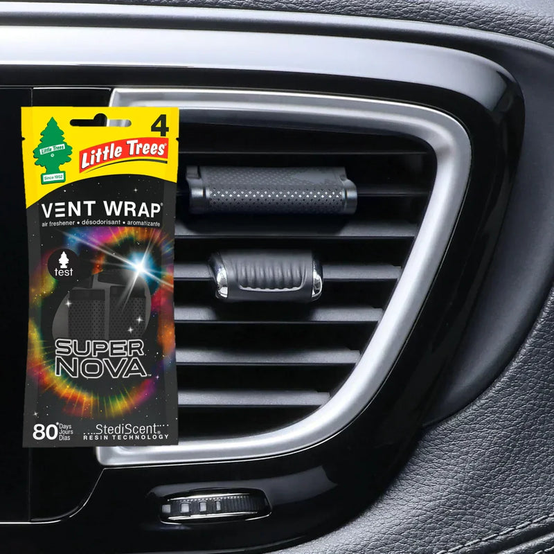 Little Trees Vent Wrap Supernova air freshener on car AC vent, close-up.