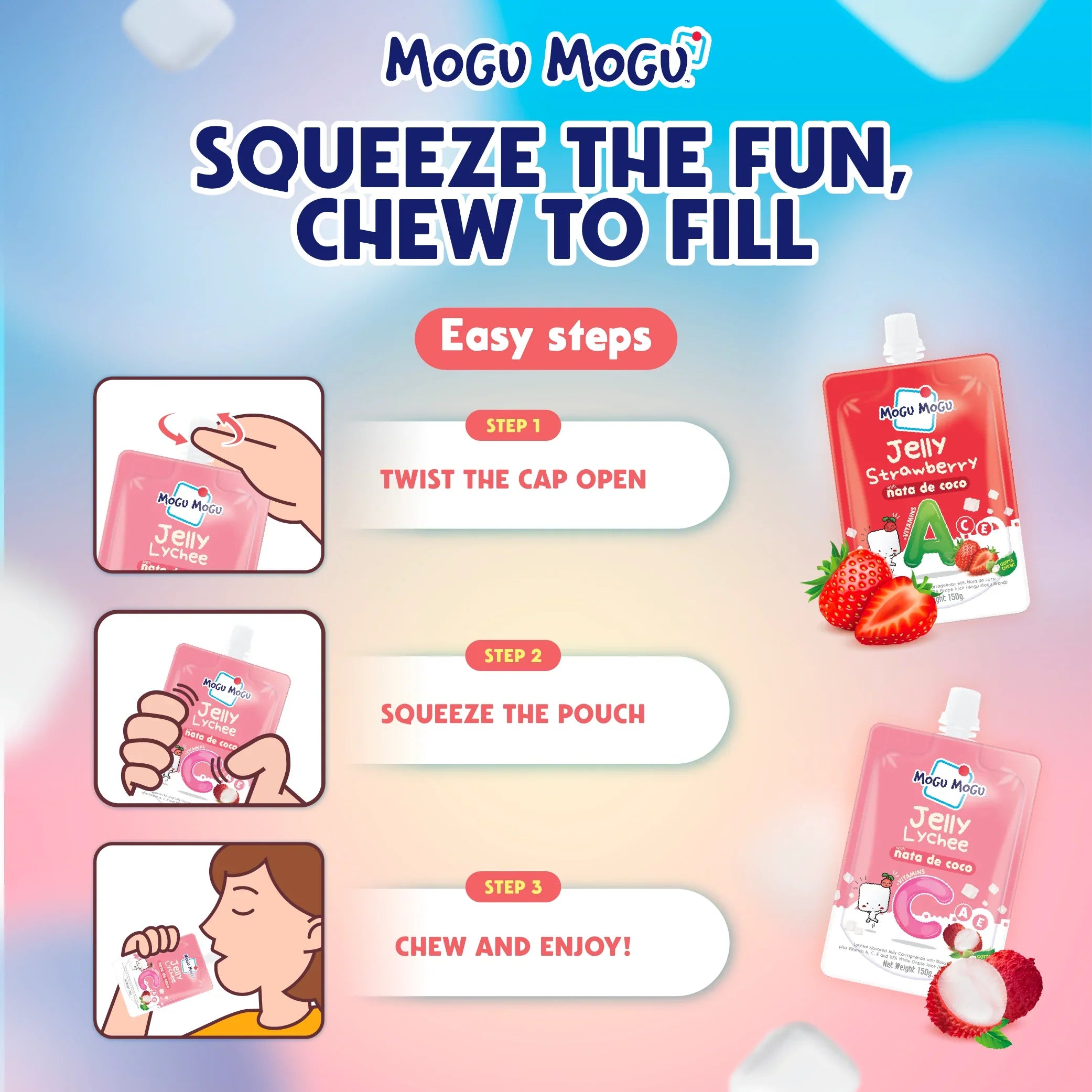 Instructions for using Mogu Mogu jelly pouches with colorful background