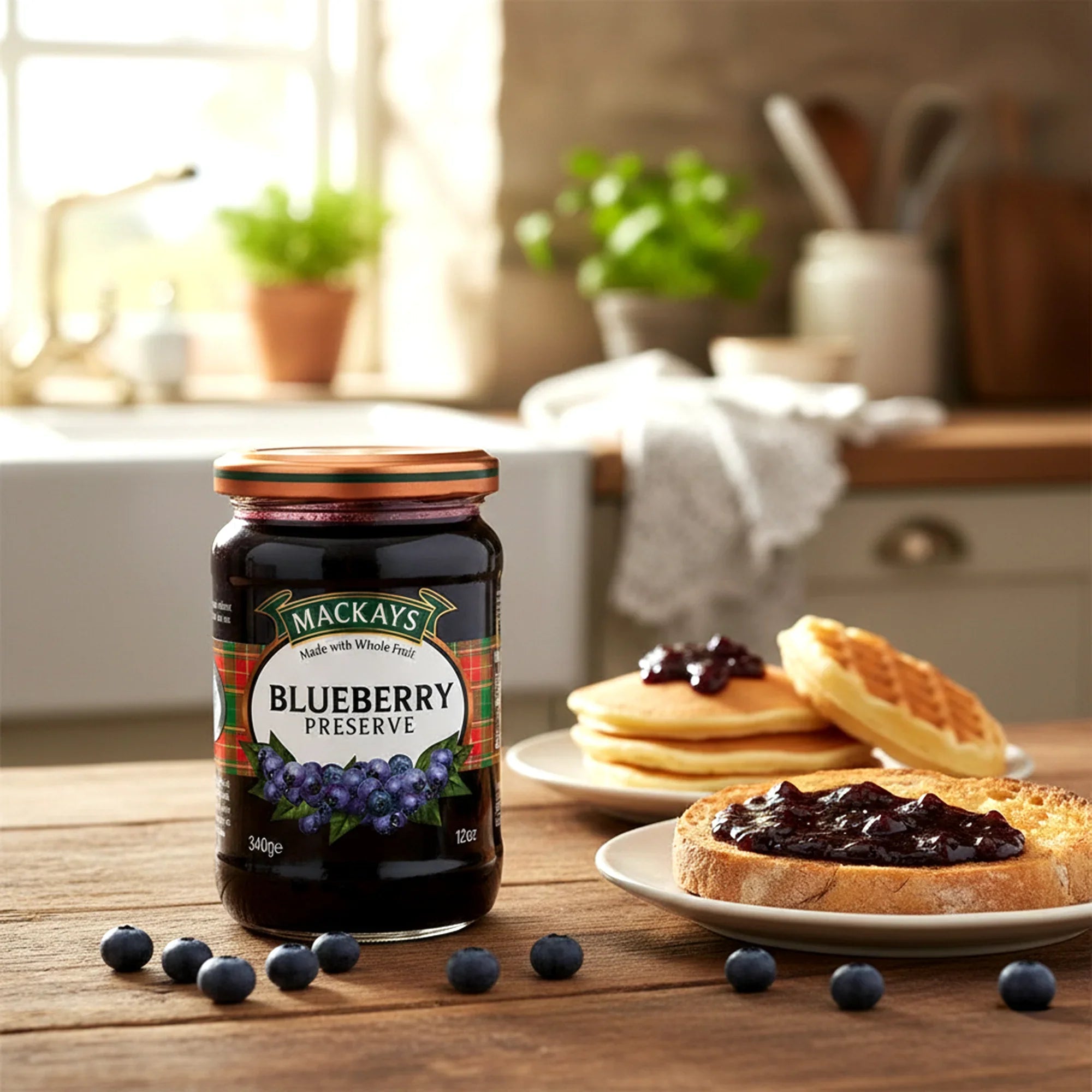 Jar of Mackays blueberry preserve on a wooden table with toast, waffles, pancakes and fresh blueberries in a cozy kitchen setting.