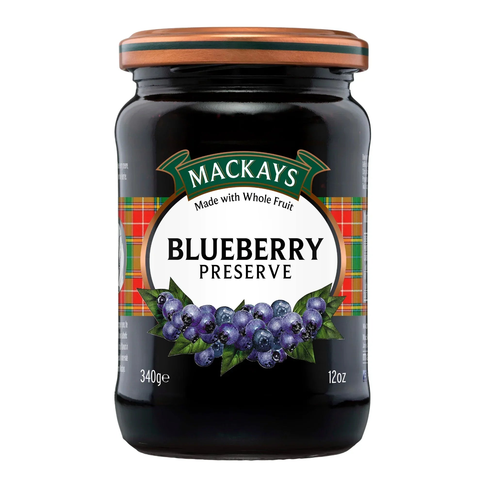 Jar of Mackays Blueberry Preserve with tartan label and wooden lid, 340g 12oz