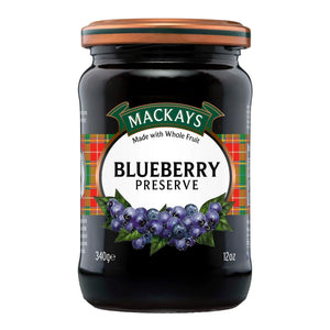 Jar of Mackays Blueberry Preserve with tartan label and wooden lid, 340g 12oz
