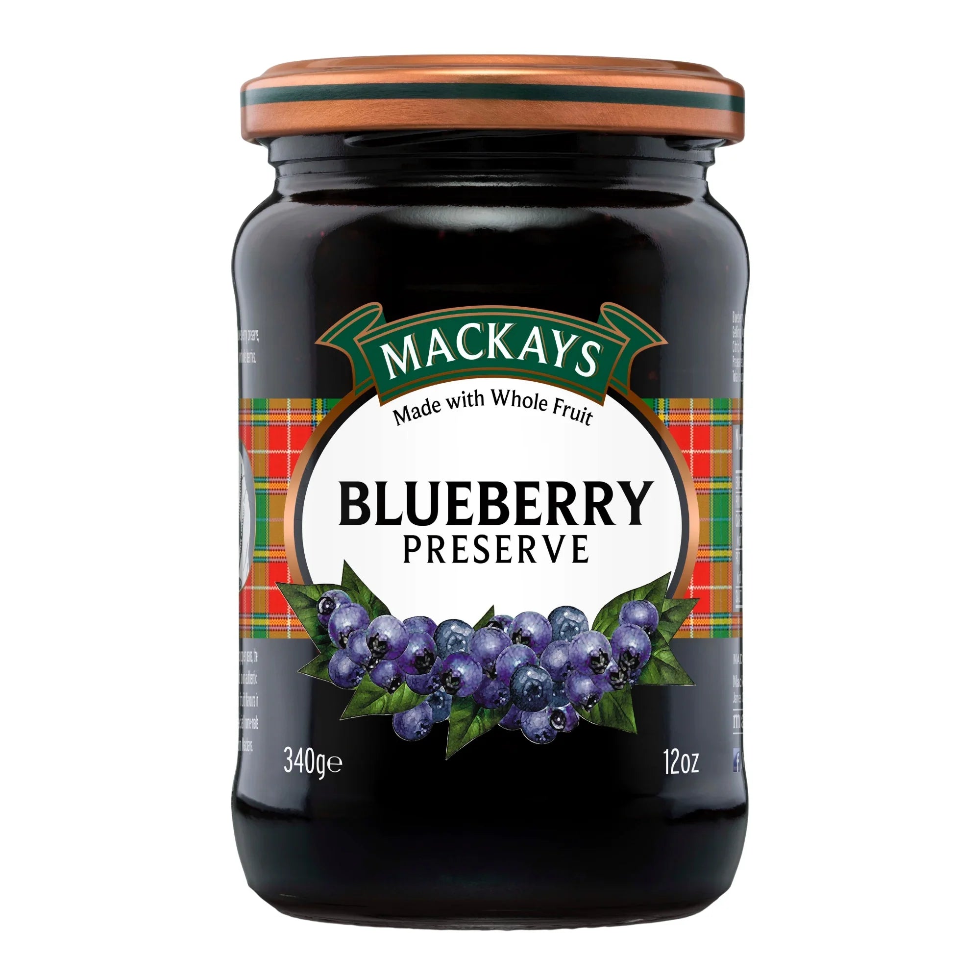 Mackays blueberry preserve jar with label, whole fruit image and wooden lid, 340g