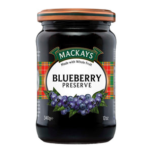Mackays blueberry preserve jar with label, whole fruit image and wooden lid, 340g