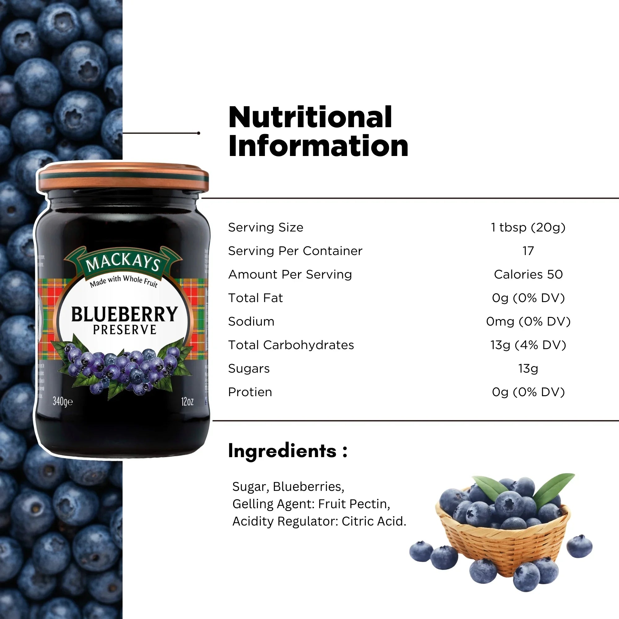 Jar of Mackays blueberry preserve with nutrition facts, ingredients, and fresh blueberries.