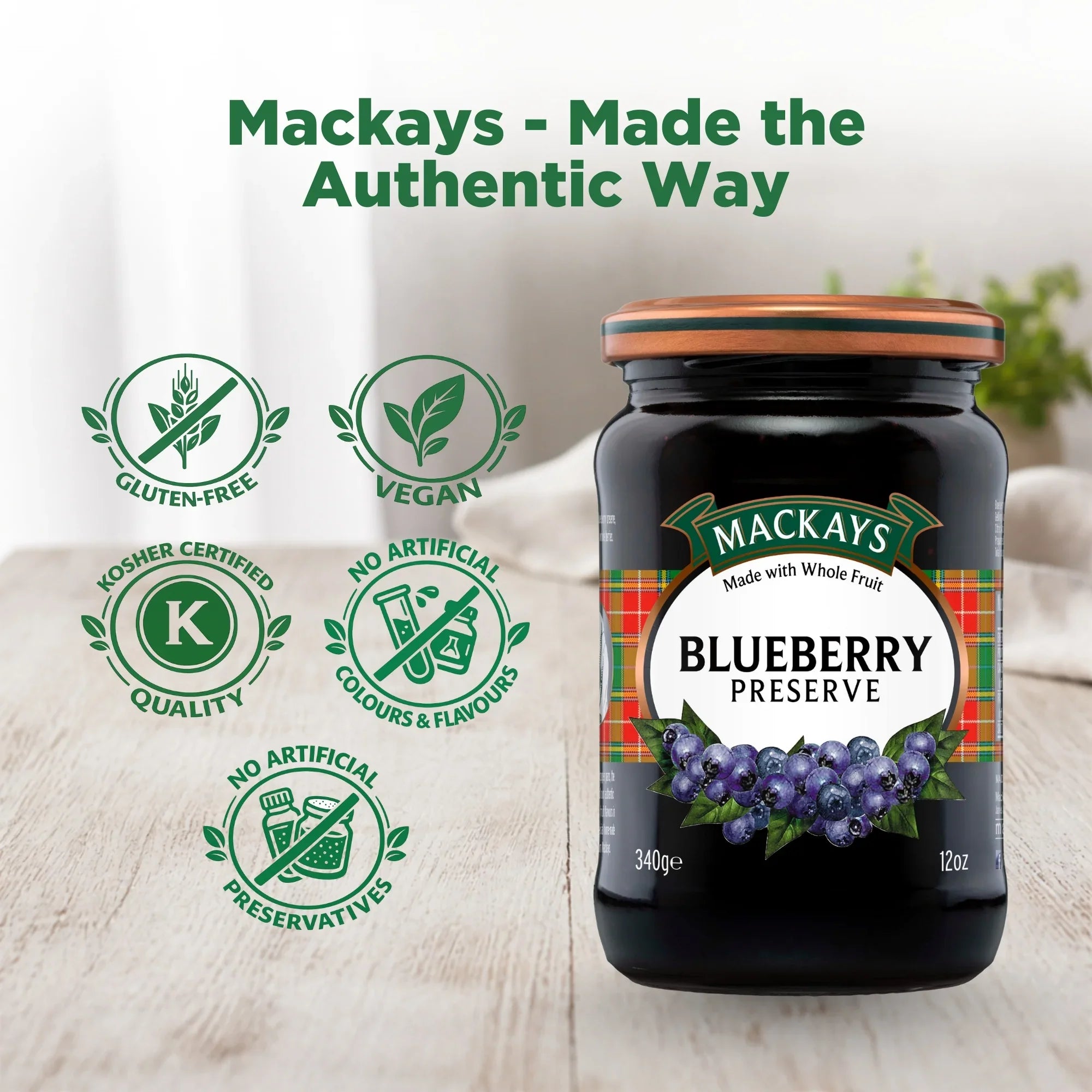 Mackays Blueberry Preserve jar on a table with gluten-free, vegan, kosher, and no artificial preservatives icons.