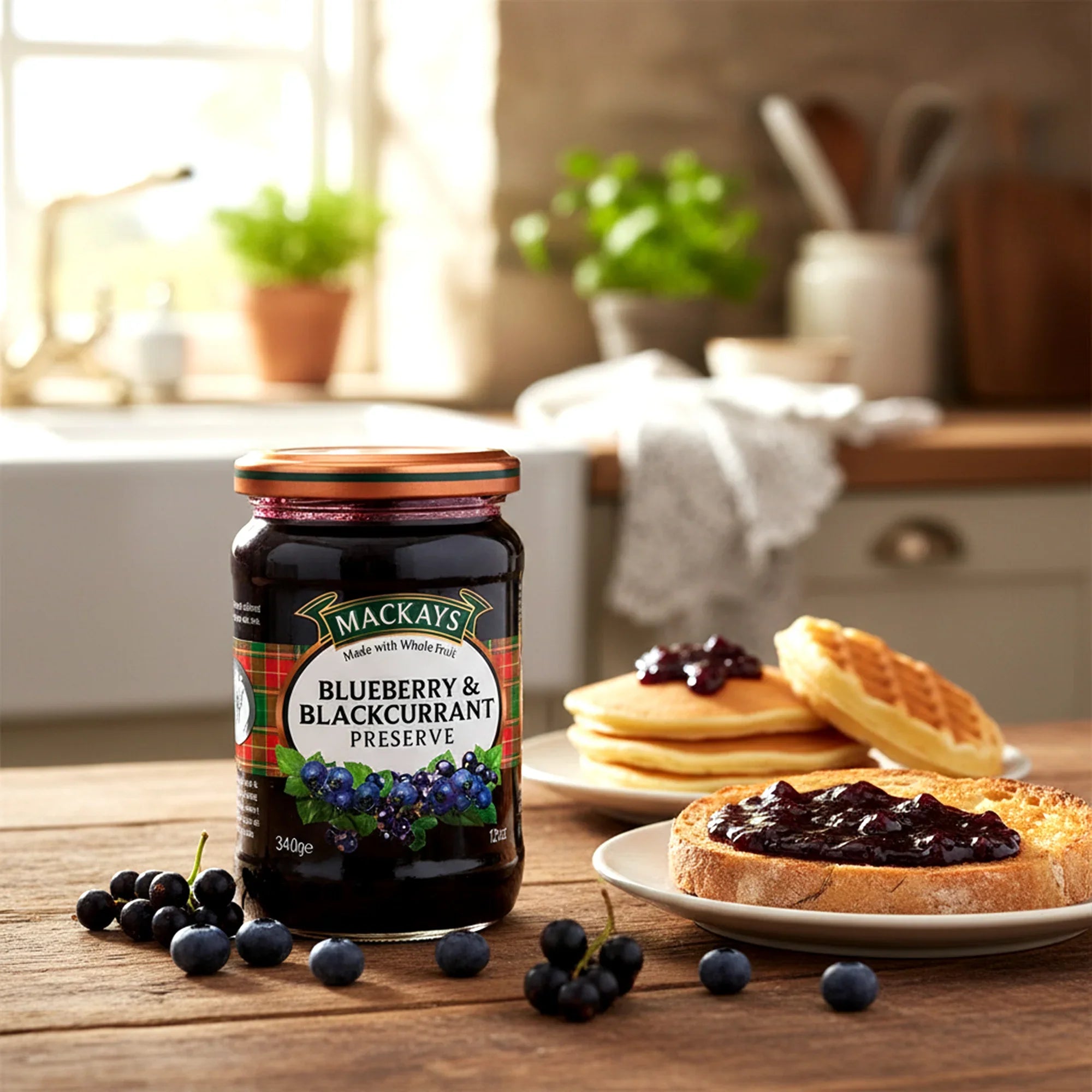 Jar of blueberry and blackcurrant preserve with toast and pancakes in a cozy kitchen setting