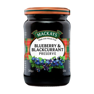 Jar of Mackays Blueberry & Blackcurrant Preserve with tartan label and fruit illustration