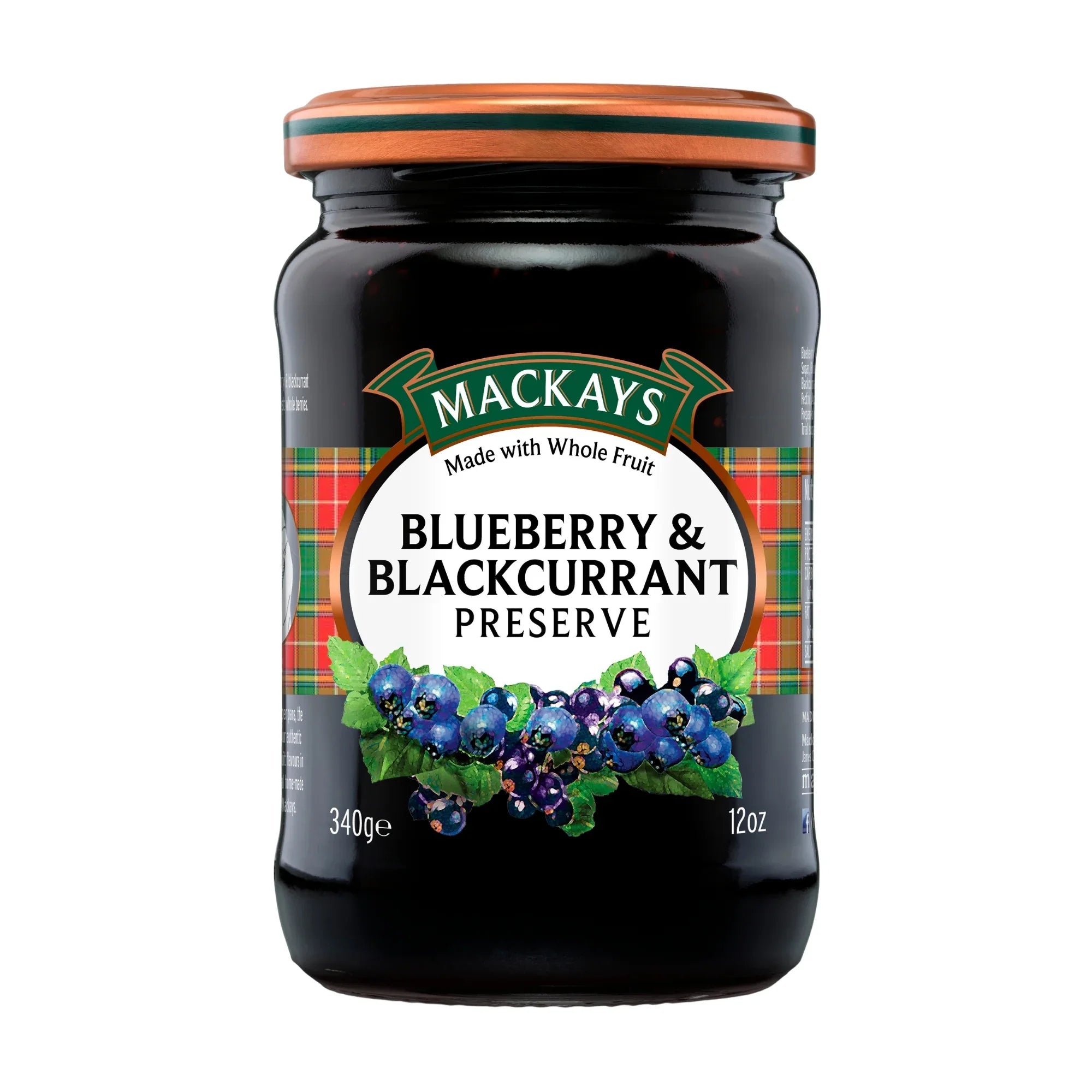 Jar of Mackays blueberry and blackcurrant preserve with fruit illustration on the label