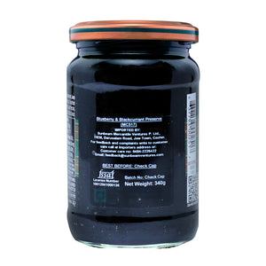 Back label of blueberry and blackcurrant preserve glass jar, 340g, on white background