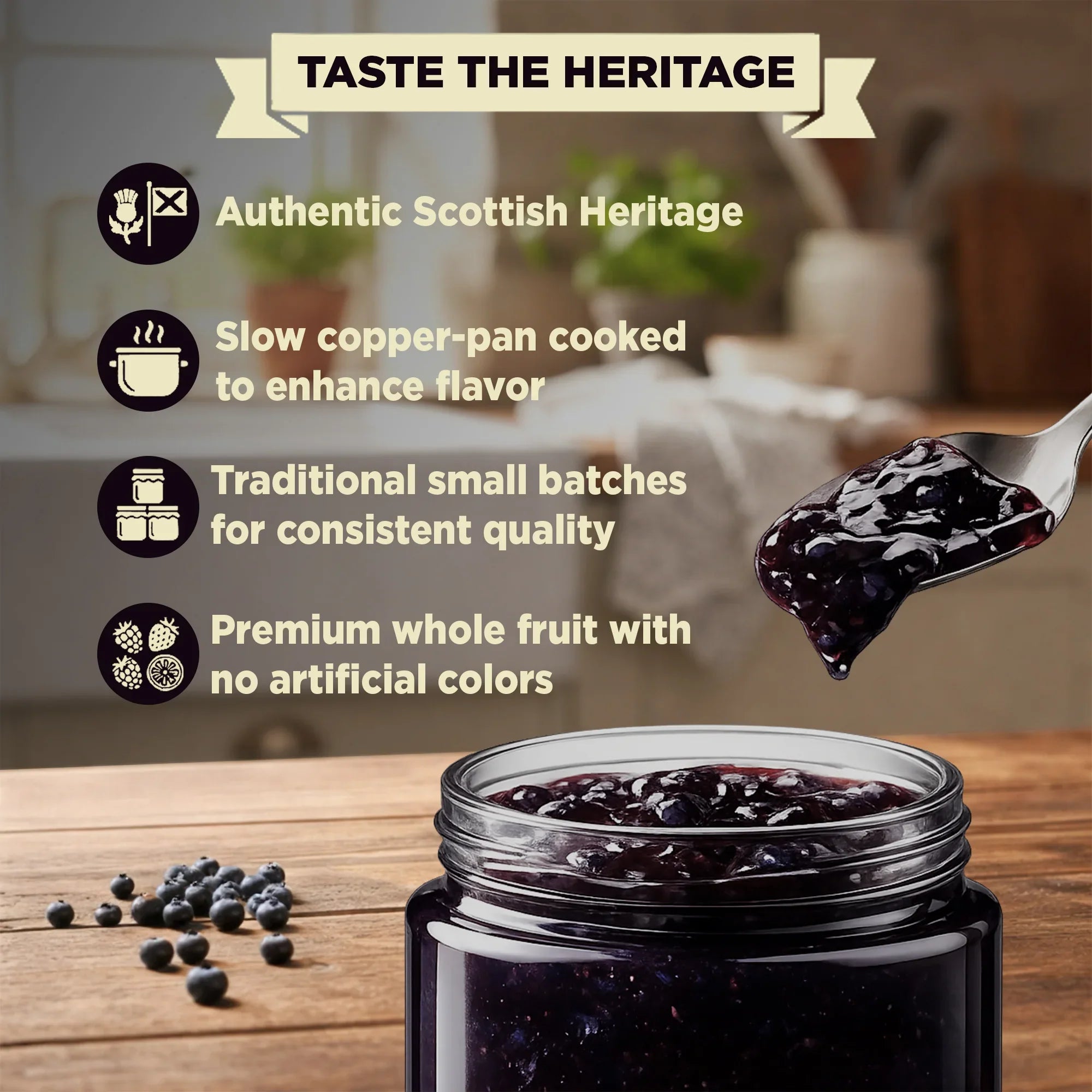 Open jar of blueberry blackcurrant preserve with fruit spread on spoon, text highlights features.