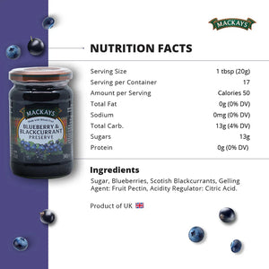 Mackays Blueberry & Blackcurrant Preserve jar with nutrition facts and ingredients on white and purple background
