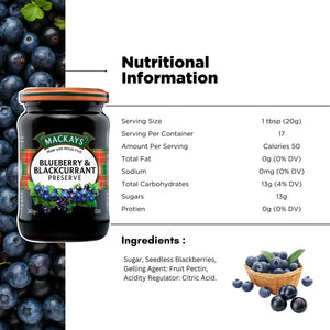 Jar of Mackays blueberry and blackcurrant preserve with nutritional information and ingredients.