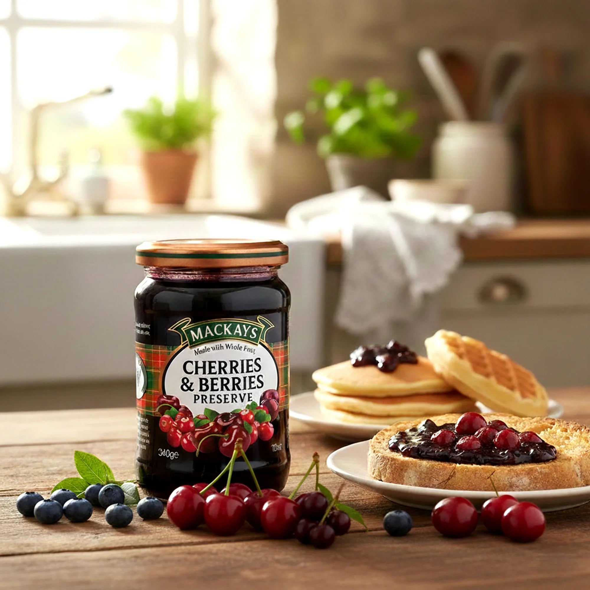 Jar of cherries and berries preserve with fresh fruit, spread on bread and pancakes in a kitchen.