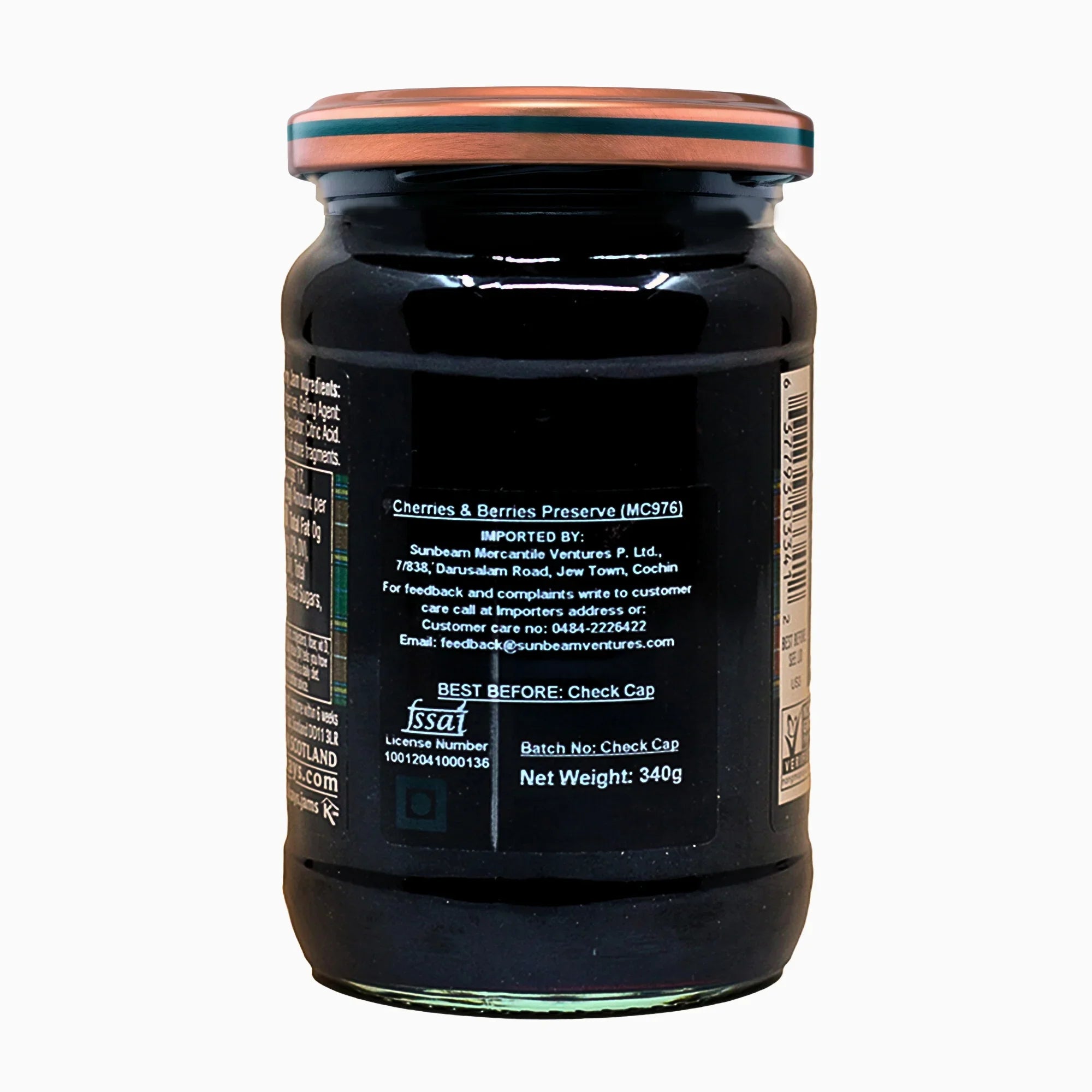 Back label of cherries and berries preserve jar, 340g, with nutritional and product details.